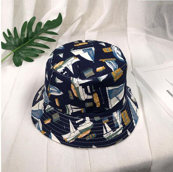 

cloches 2021 sailboat bucket hat printed bob caps hip hop gorros men summer panama beach sun fishing foldable, Blue;gray