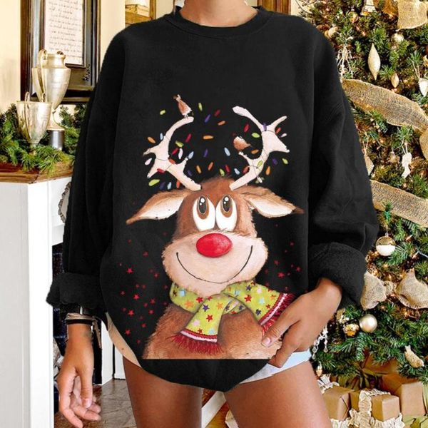 

women's hoodies & sweatshirts lady sweatshirt long sleeve loose streetwear large elk print o neck pullover christmas theme, Black