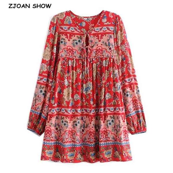 

spring bohemia ball tassel lacing up v neck floral print dress ethnic woman long sleeve short strappy dresses holiday 210429, Black;gray