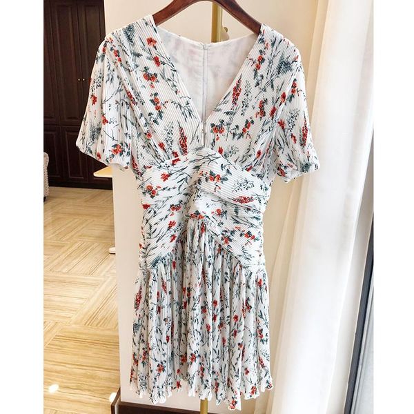 

dress summer woman print deep v neck pleated waist slim beach ethnic clothing, Red