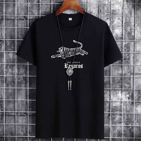 

summer cotton short sleeve t-shirt men's round neck large casual trend - 8063 single tiger, White;black