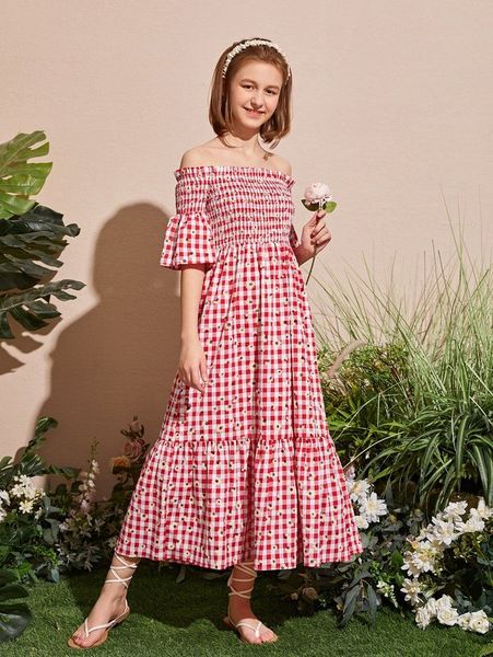 

teen girls gingham off the shoulder shirred dress she, Red;yellow