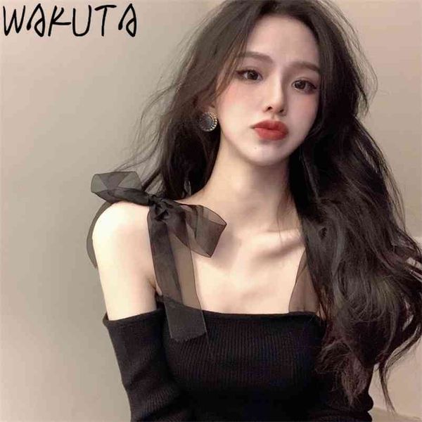 

wakuta korean girls knitted mesh bow tie off shoulder black pullovers skinny elegant short jumper womens clothes 210805, White;black