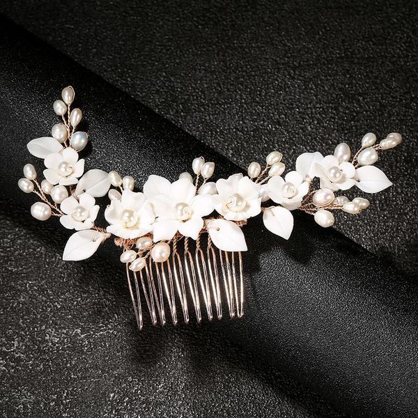 

hair clips & barrettes women golden accessories handmade ceramic flower bridal headdress comb simple freshwater pearl white crystal, Golden;silver