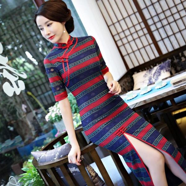 

spring long lace striped cheongsam modified suzhou gown ethnic clothing, Red