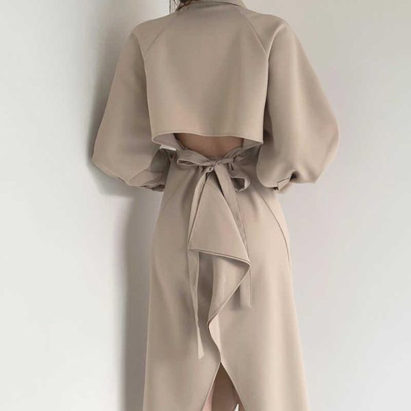 

women's trench coats korean chic french lapel single breasted care machine open back bandage waist slim long sleeve split dress, Tan;black