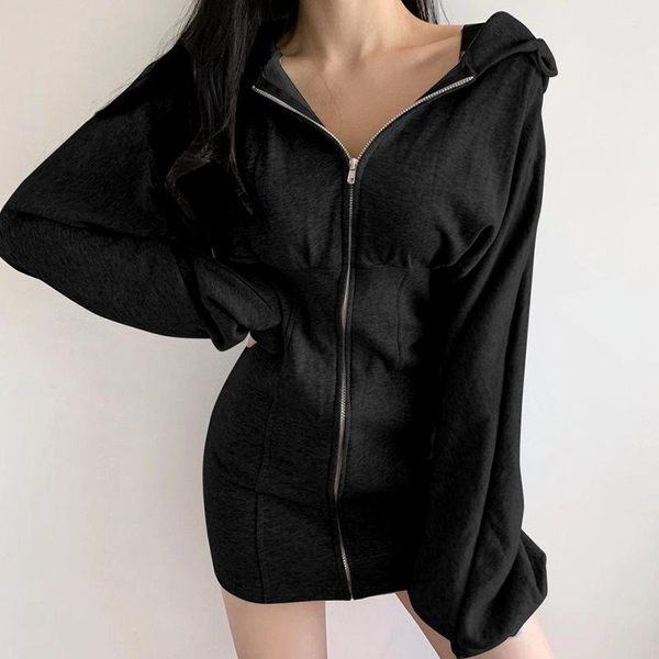 

women's trench coats 2 color women autumn spring dress cotton hoodie black ladies 2021 fahion solid long sleeves hoody slim leisure dre, Tan;black