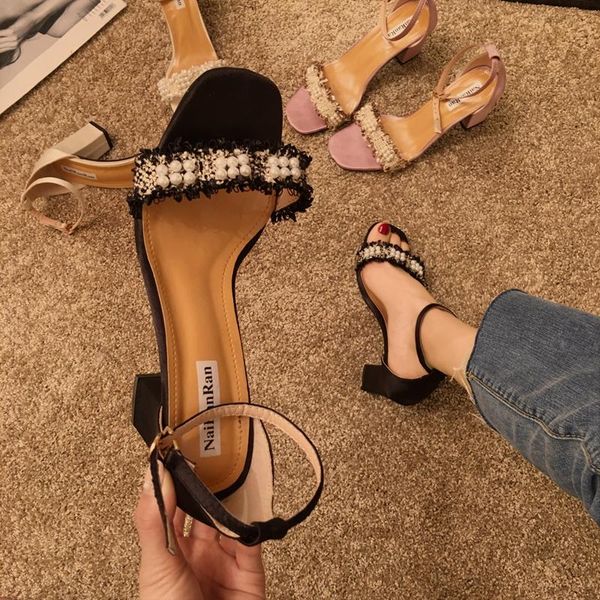 

lace up elegant pearl sandals women open toe high heels summer flip flops beach pumps, Black