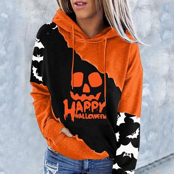 

women's hoodies & sweatshirts 2021 autumn quality brand halloween colourblock printed pocket streetwear long sleeve hooded stitching pu, Black
