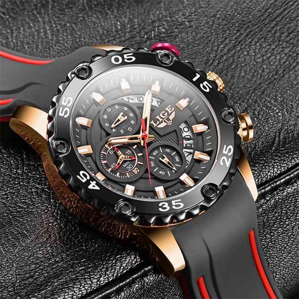 Relógios Mens Lige Top Marca Relógio Impermeável Masculino Silicone Strap Sport Quartz Watch para Homens Big Dial Chronograph Pulso de pulso 210804