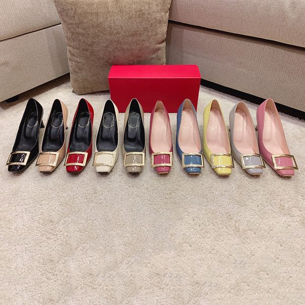 

2021 designer party bride wedding shoes women's fashion dress square head high heels leather flash sandals size 34-40 with box, Black