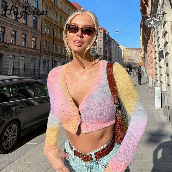 

women's knits & tees hugcitar 2021 fall tie dye print knitting single breasted long sleeveless bodycon crop women fashion club clot, White