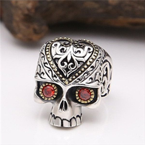 

925 sterling silver skull band rings with red stones american europe antique handmade designer punk gothic luxury jewelry accessories gifts