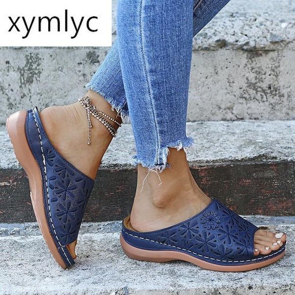 

slippers women shoes pu leather flower wedges sandals woman casual flip flops sewing 2021 summer beach ladies, Black