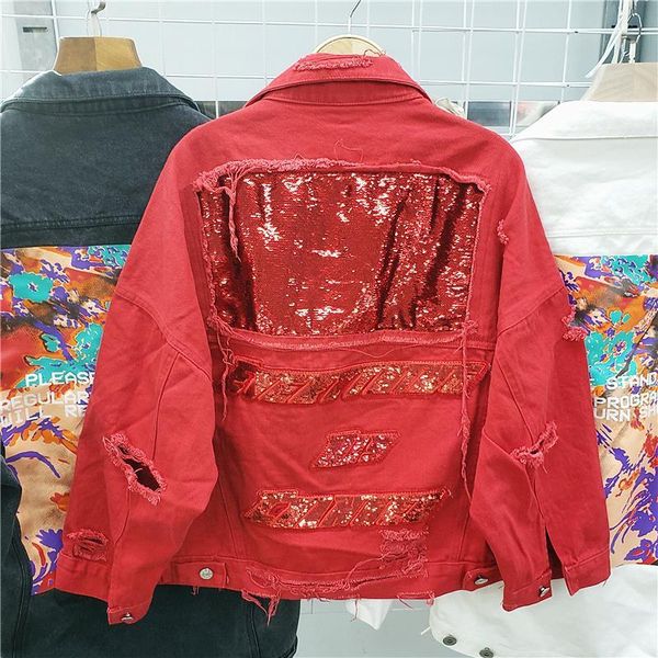 

women's jackets denim jacket 2021 back sequins red loose hole women, Black;brown