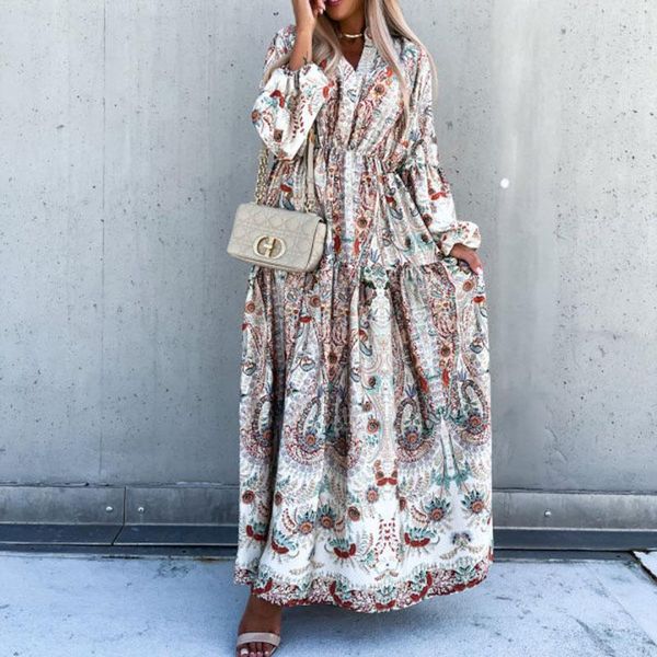 

casual dresses lantern sleeve women's dress autumn long party for women 2021 print ankle-length v-neck maxi woman, Black;gray