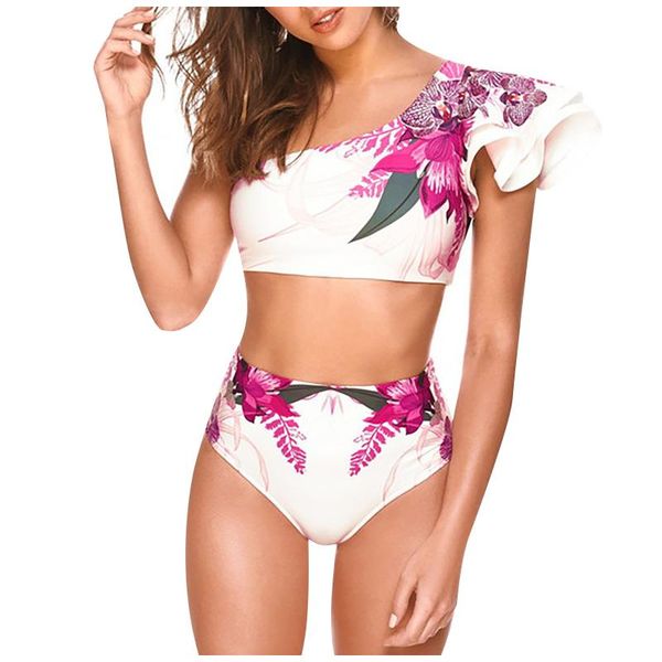 

two-piece suits women's leaf print shoulder strap bikini double high waist split swimsuit beachwear swimwear bathing suit
