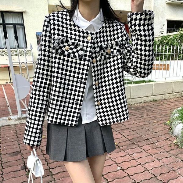

women's jackets coat autumn winter versatile korean wear 2021 fashion plaid short wool long sleeved rac, Black;brown