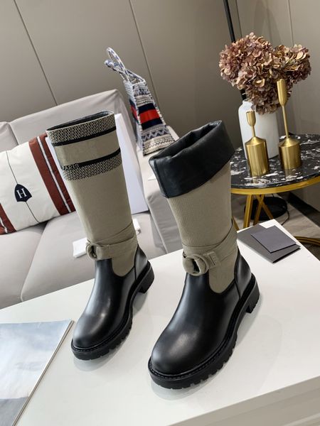 

2021 luxury women embroidered print boots lacing up martens boot high version layer cowhide brand unique decorative stretch faux suede come, Black