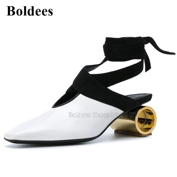 

dress shoes strange heeled rome style gold cylindrical high heel pumps women lace up cross-tied slingback mules party, Black