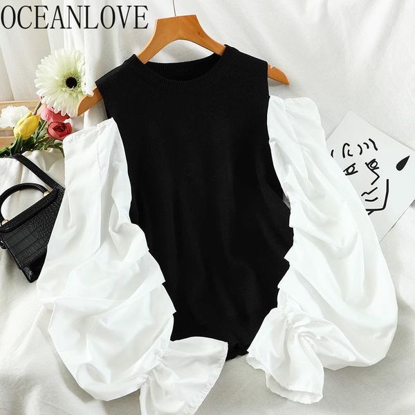 

mujer sueteres black white patchwork 2021 spring woman sweaters korean vintage puff sleeve pullovers fashion 19413 women's, White;black