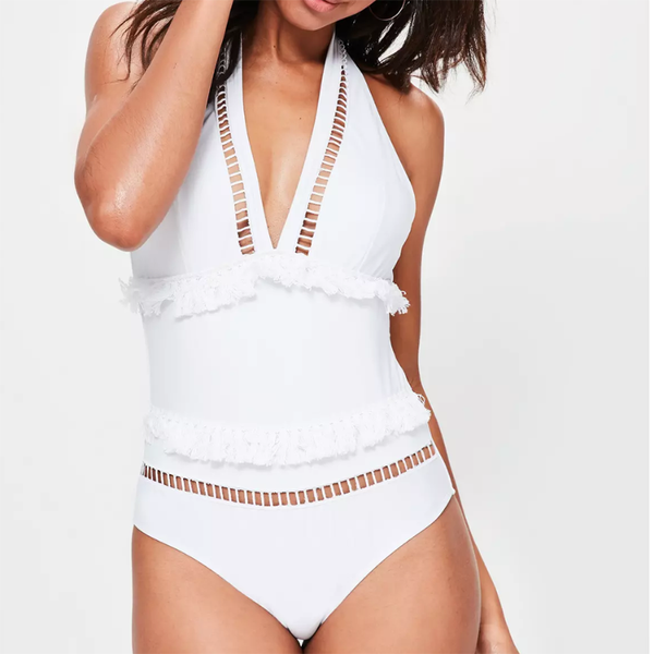 

one-piece suits girls one piece swimsuit women swimwear wire swimming solid balck white mesh deep v tassels backless patchwork halter