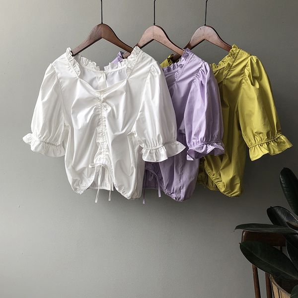 

women's blouses & shirts square neck doll shirt 2021 summer solid casual blousers french bubble sleeve short vbu7, White