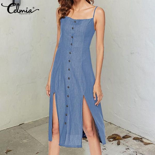 

celmia women's denim summer dress 2021 spaghetti straps sundress split party beach vestido botton long shirt robe plus size casual dres, Black;gray