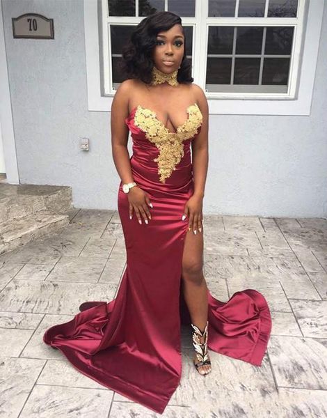 

strapless split mermaid evening dresses wiyh appliques sweep train black girls formal special occasin prom gowns plus size, Black;red