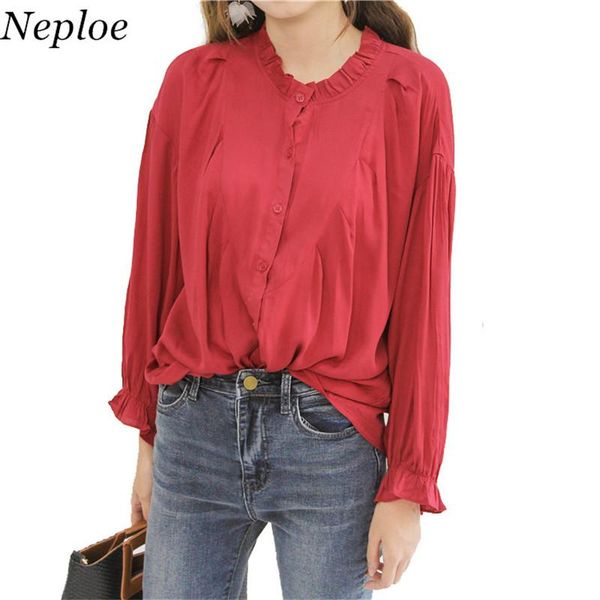 

women's blouses & shirts neploe korean autumn winter simple arts shirt women wild long-sleeved blouse temperament ruffled collar female, White