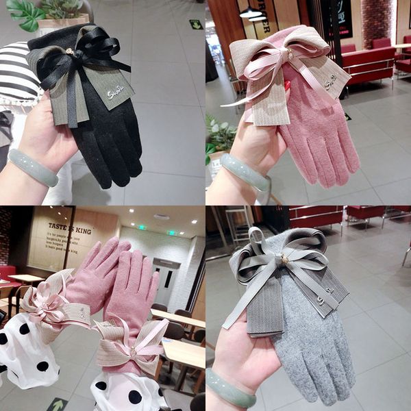 

gloves korean autumn and winter cashmere thickened warm letter bow touch screen fashion student finger, Blue;gray