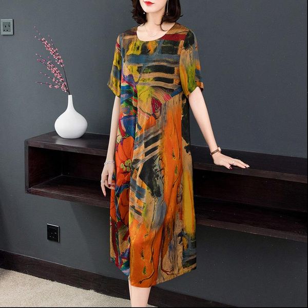

womens dresses silk vintage dress female autumn fashion loose printed large sizem 4xlelegant party vestidos, Black;gray