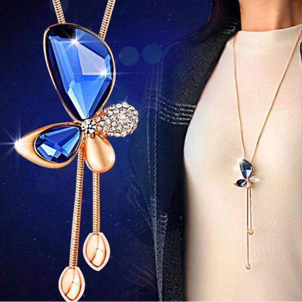 

pendant necklaces women necklace sweater chain butterfly tassel long jewelry classic fashion crystal, Silver