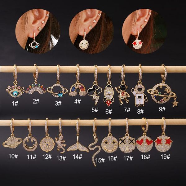 

hoop & huggie 1pc rainbow cz universe cartilage piercing earring for women astronaut pendent ear buckle drop dangel jewelry, Golden;silver