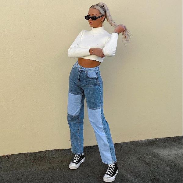 

patchwork burrs straight high waist womens jeans denim pants contrast color fashion slim jean bottoms patch, Blue