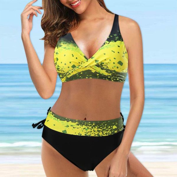 

women's swimwear fashion 2021 drawstring printed high waist two pieces bikini set swimsuit female women beachwear bather bathing suit#x, White;black