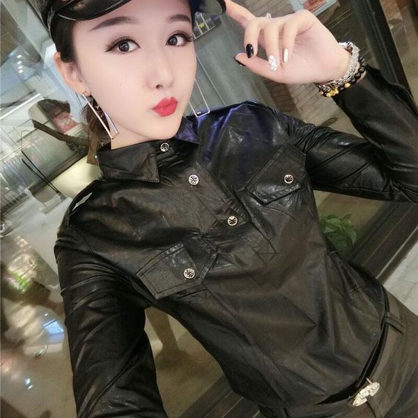 

plus size 3xl women warm autumn shirt turn down collar bottoming long-sleeved pu blouse women's blouses & shirts, White