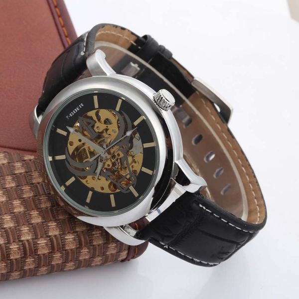 

t-goer new creative transparent hollow out watch men's fashion leisure mechanical, Slivery;brown