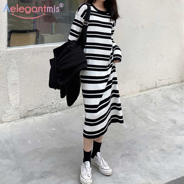 

aelegantmis vintage striped knitted dress women long casual loose straight dresses elegant oversized korean vestido mujer chic 210607, Black;gray