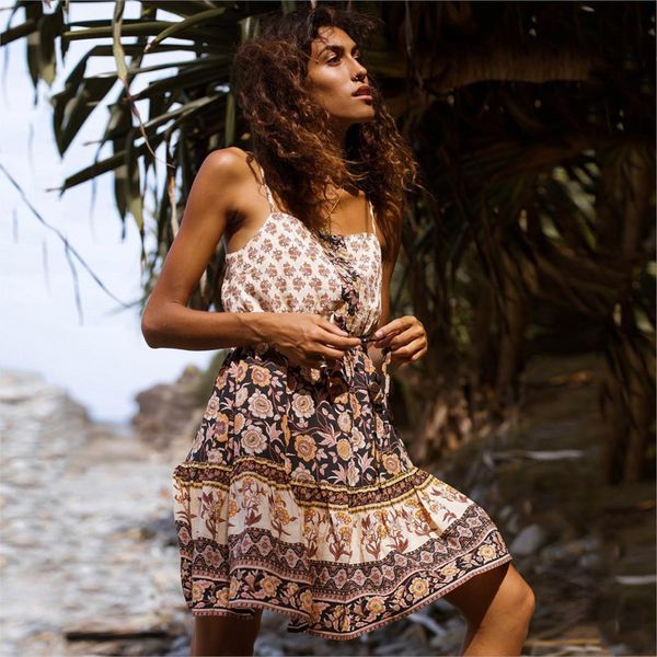

dresses summer mini button neck adjust straps holiday boho beach floral print women es vestidos ohr3, Black;gray