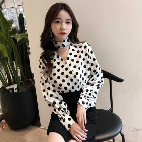 

fashion women long sleeve blouse dots point print shirt ladies ol party casual loose blusas femininas elegant 210601, White