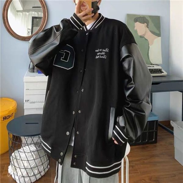 

baseball men and women hong kong style rro fried stre stitching et loose korean motorcycle uniform bf, Black;brown