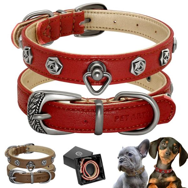 

dog collars & leashes collar real leather puppy dogs soft padded cool metal accessories for small medium with box