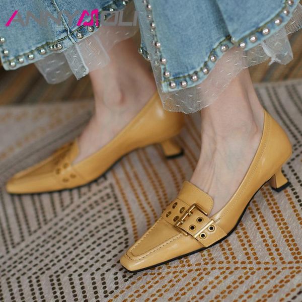 

dress shoes annymoli genuine leather stiletto heels mid heel pumps women fashion square toe footwear ladies buckle yellow, Black