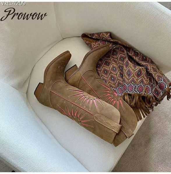 

boots prowow suede leather floral embroidery cowboy luxury designer keen high shoes women zapatos mujer, Black