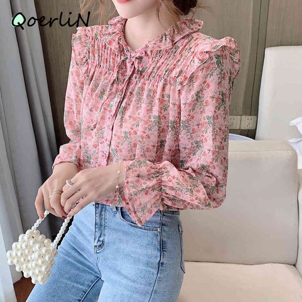 

knits women chiffon blouse plus size spring fall flare sleeve button blouses flower printed bowknot shirts ladies loose casual shirt, White