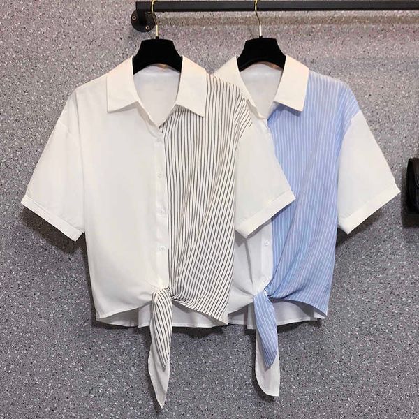 

blouses women shawl blue striped casual baggy college mujer trendy long sleeve summer girl shirts 210604, White