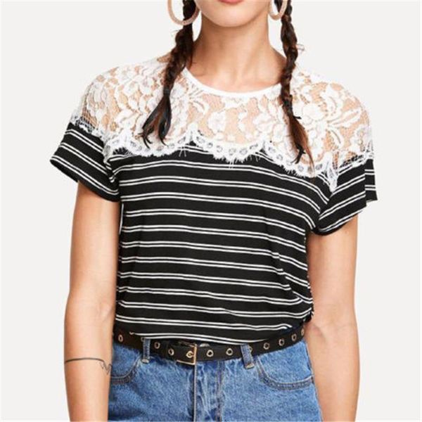 

women's t-shirt fashion causal women short sleeve stripe casual lace loose cotton t shirts tees, White