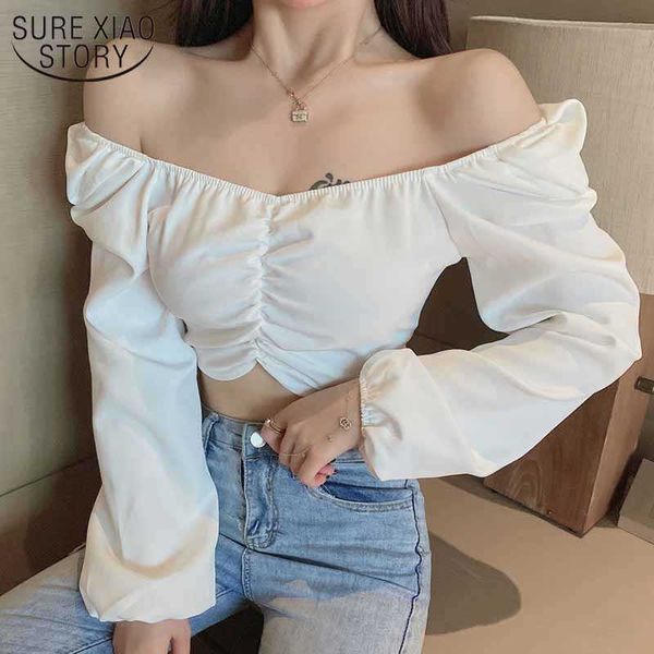 Sexy Tops Mode Plissee Frühling Kurze Süße Lange Puff Sleeve Shirt Solide Schlanke Bluse Frauen Weiß Blusas Party Bluse 12578 210527