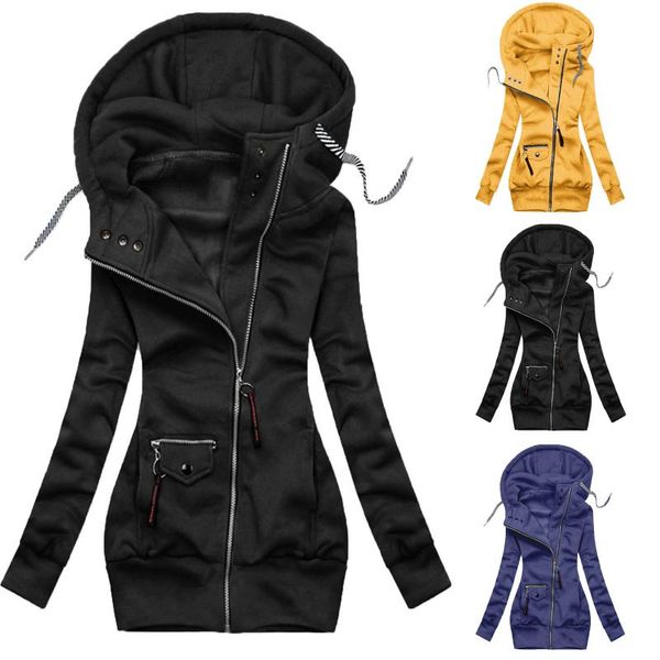 

women's jackets autumn winter warm womens fashion solid colors plus size zipper long sleeves hooded loose coat casual chaquetas mujer#g, Black;brown